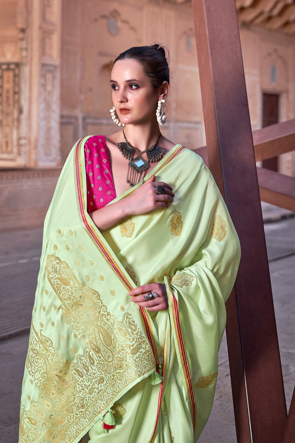 Luxurious Satin Fabric Adorned with Traditional Zari Work - LaVante Fashion