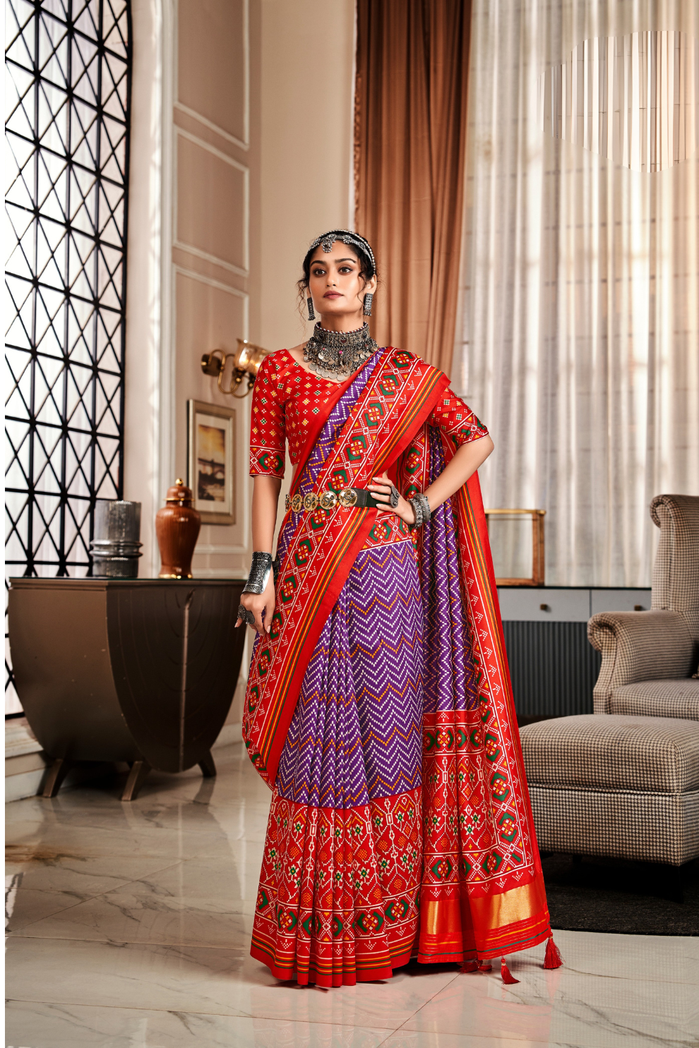 Pure Tussar Silk Saree with Patola Print & Lagdi Patta Pallu
