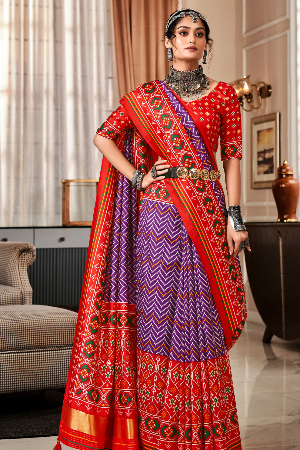 Pure Tussar Silk Saree with Patola Print & Lagdi Patta Pallu