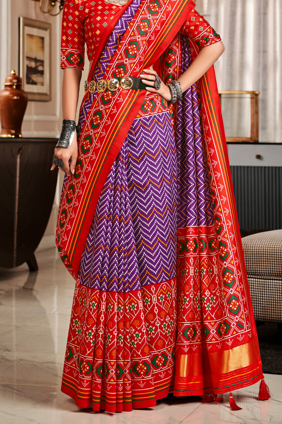 Pure Tussar Silk Saree with Patola Print & Lagdi Patta Pallu