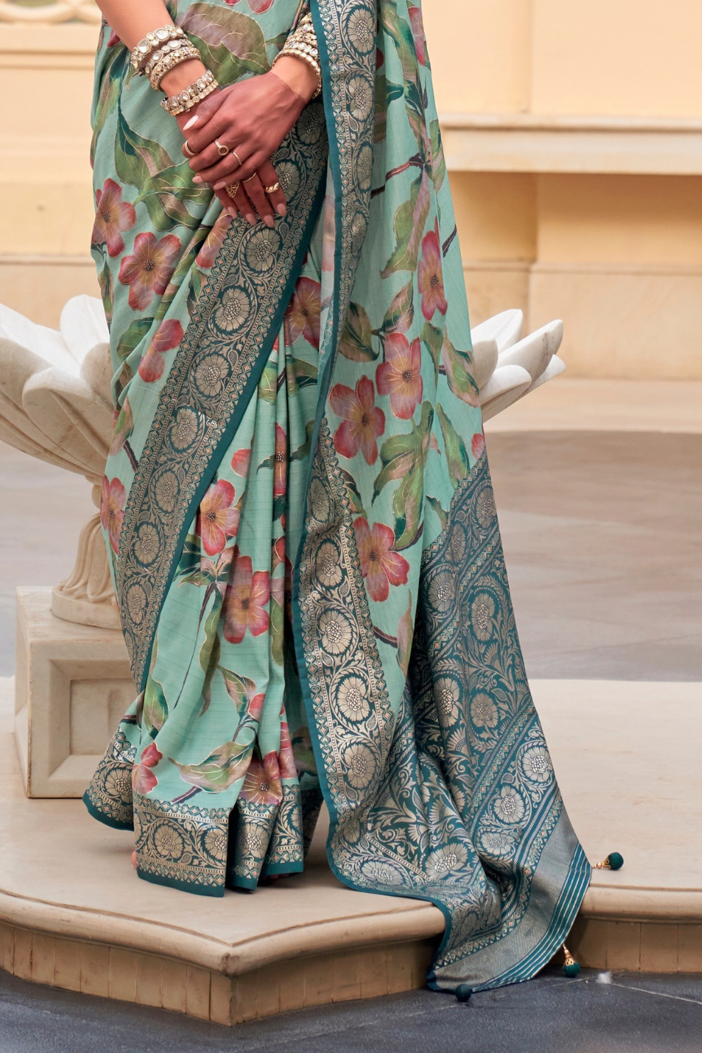 Modern Foil Printed Silk Saree with Aqua Inspired Finish
