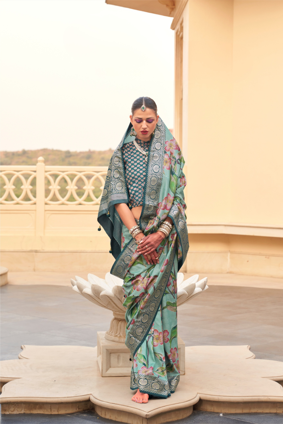 Modern Foil Printed Silk Saree with Aqua Inspired Finish