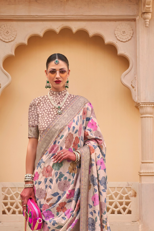 Modern Foil Printed Silk Saree with Aqua Inspired Finish