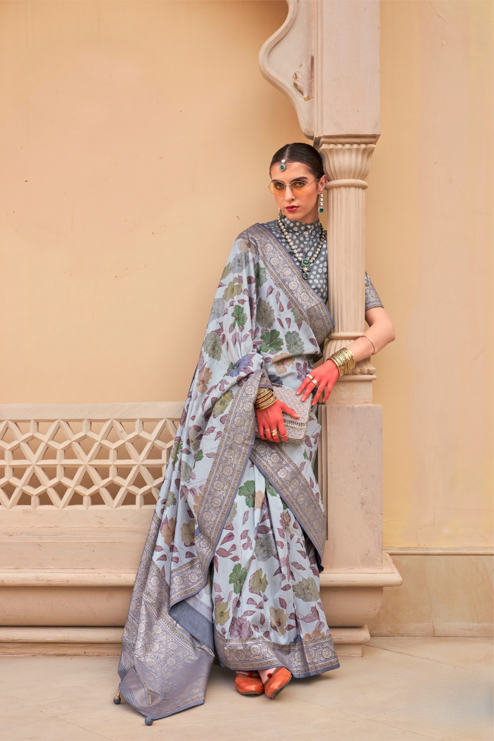 Modern Foil Printed Silk Saree with Aqua Inspired Finish
