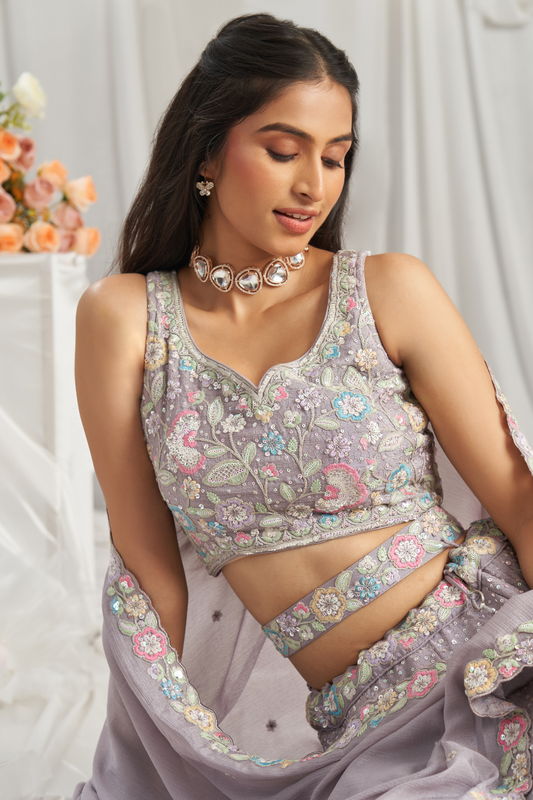 Pure Chiffon Sequins And Thread Embroidery Lehenga Choli Dupatta