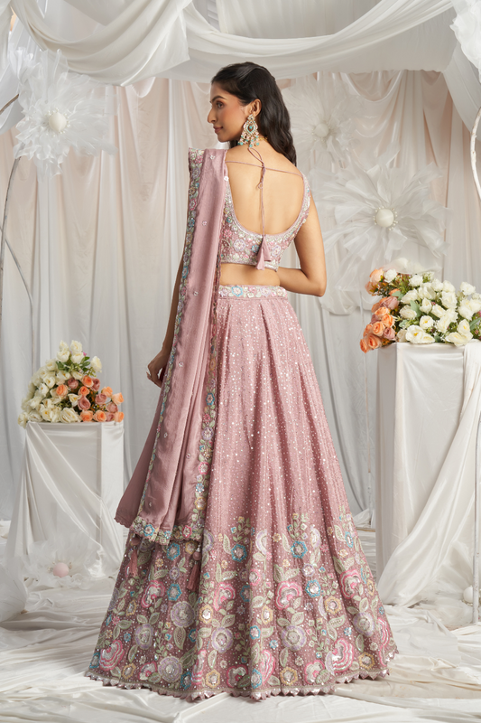 Pure Chiffon Sequins And Thread Embroidery Lehenga Choli Dupatta