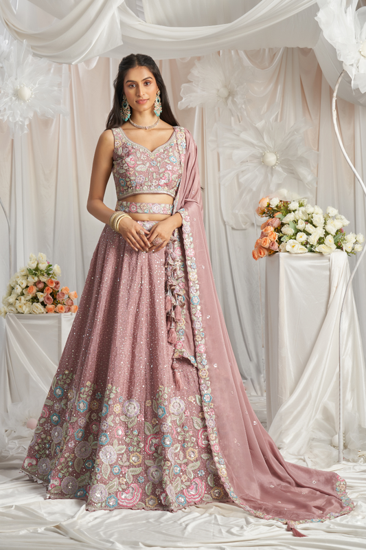 Pure Chiffon Sequins And Thread Embroidery Lehenga Choli Dupatta