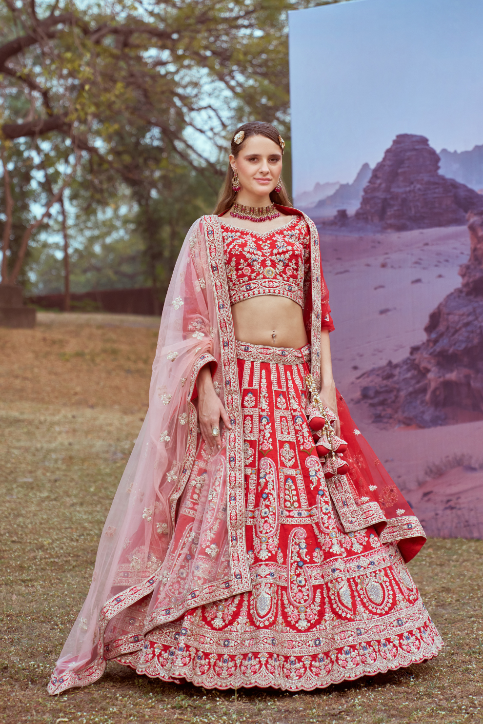 Pure Silk Moti And Cording Embroidery Bridal Lehenga Choli Dupatta