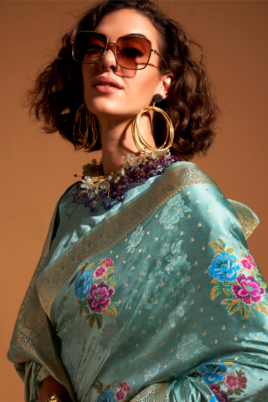 Elegant Floral Satin Silk Saree with Handloom Weaving Finish