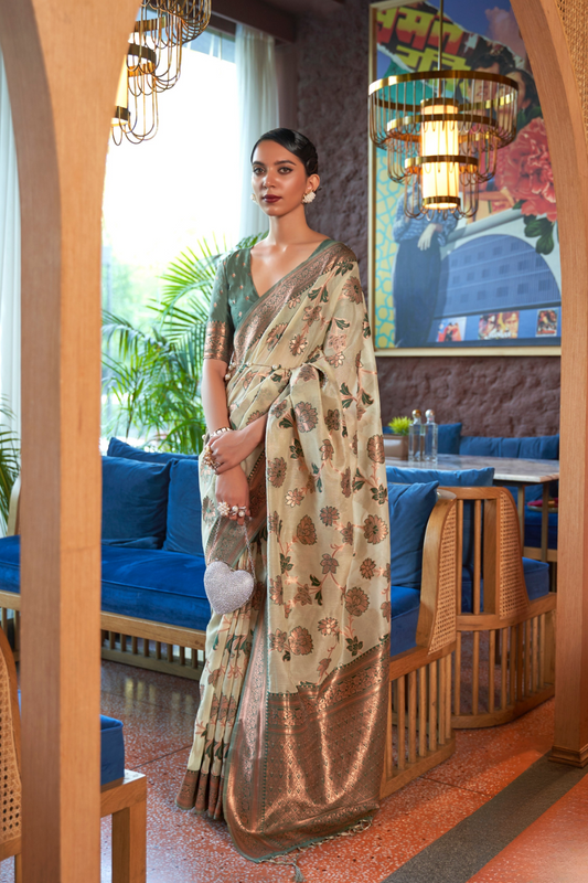 Shimmer Organza Silk Saree with Elegant Copper Zari Weaving