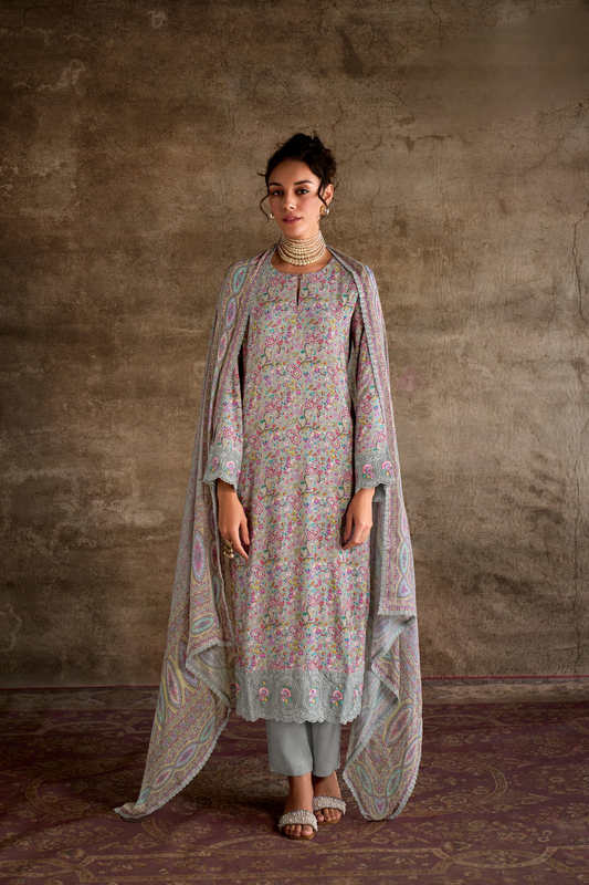 Pure Muslin Salwar Suit with Digital Print & Kashmiri Embroidery