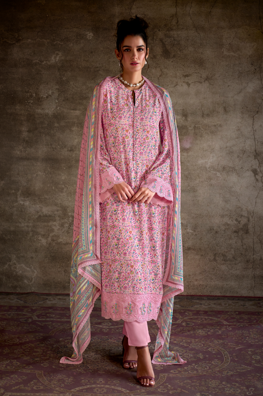 Pure Muslin Salwar Suit with Digital Print & Kashmiri Embroidery