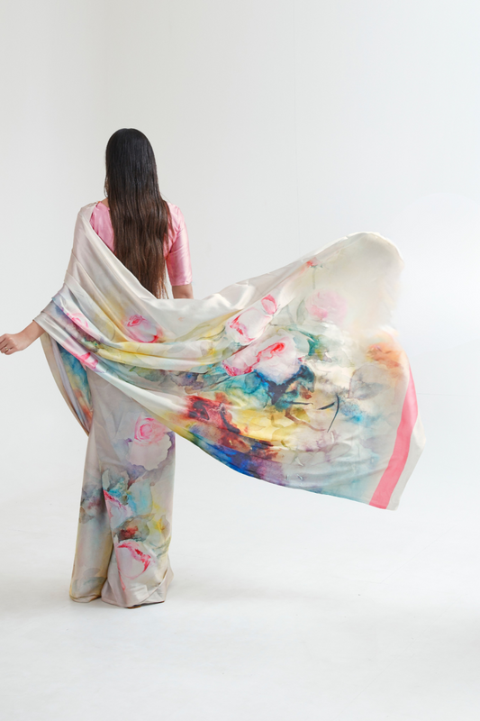 Kouture Digital Satin Silk Saree in Japan Creep Fabric