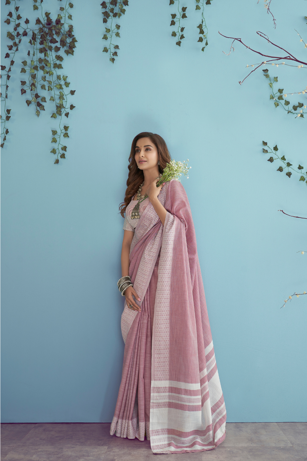 Soft Linen Silk Saree with Chikankari Weaved Border