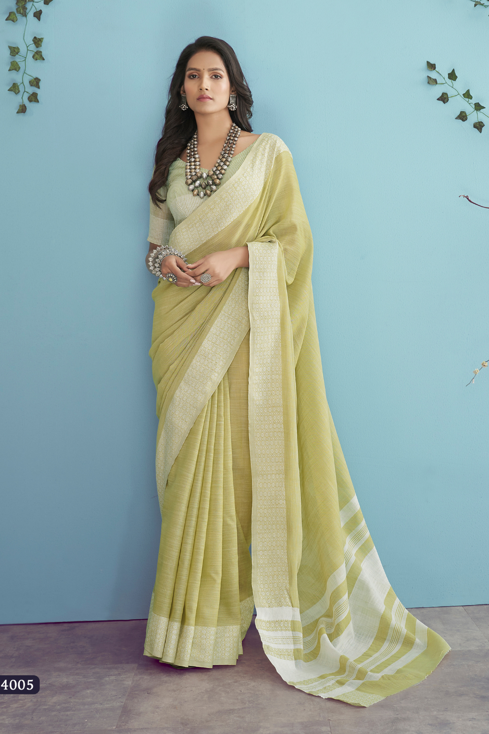 Soft Linen Silk Saree with Chikankari Weaved Border