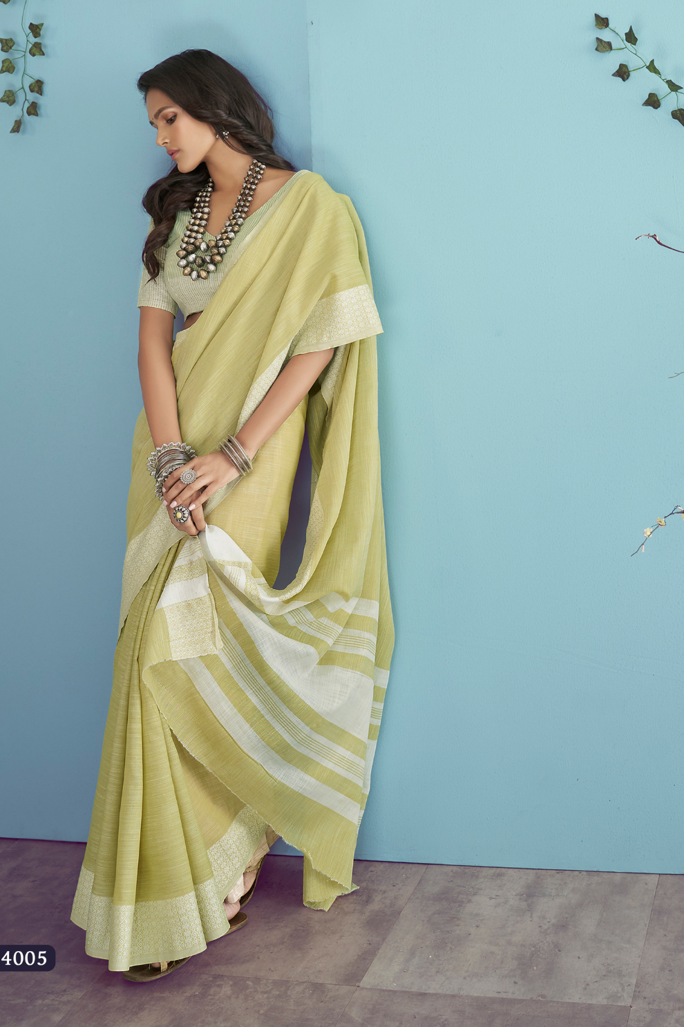 Soft Linen Silk Saree with Chikankari Weaved Border