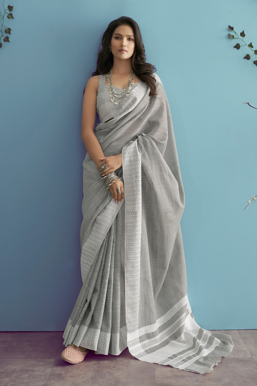 Soft Linen Silk Saree with Chikankari Weaved Border