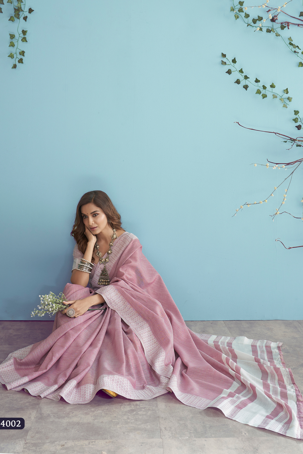Soft Linen Silk Saree with Chikankari Weaved Border
