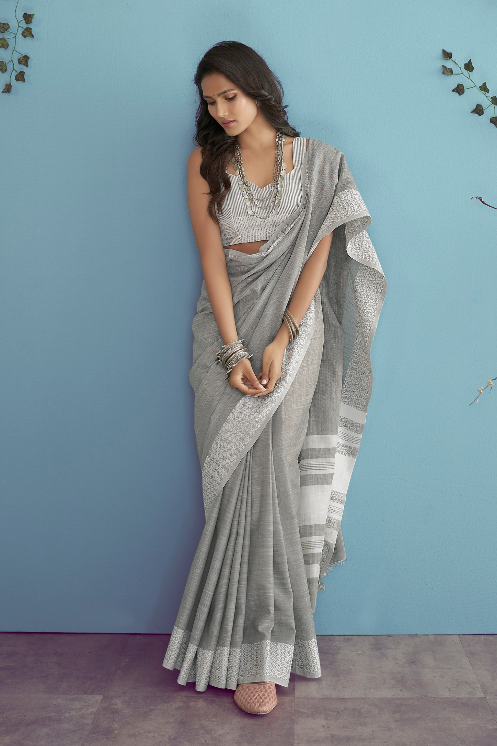 Soft Linen Silk Saree with Chikankari Weaved Border