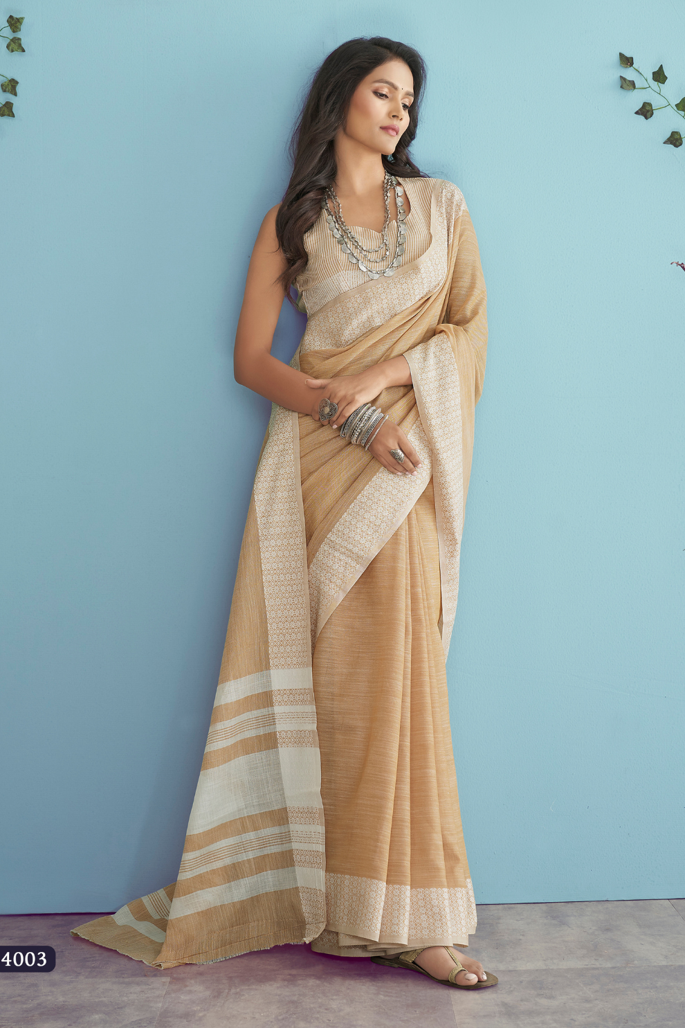 Soft Linen Silk Saree with Chikankari Weaved Border