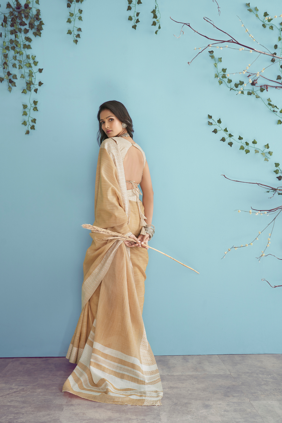 Soft Linen Silk Saree with Chikankari Weaved Border