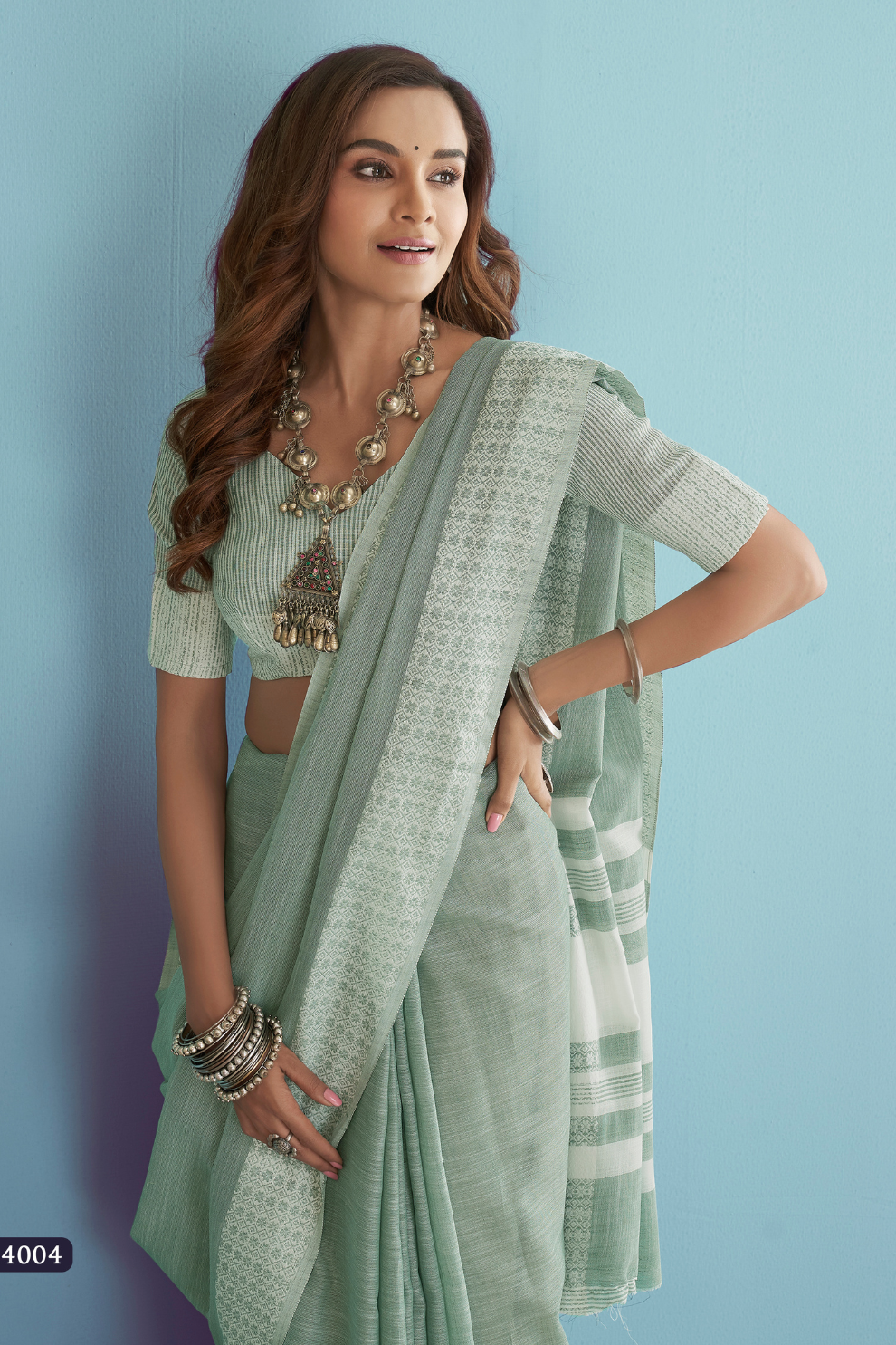 Soft Linen Silk Saree with Chikankari Weaved Border