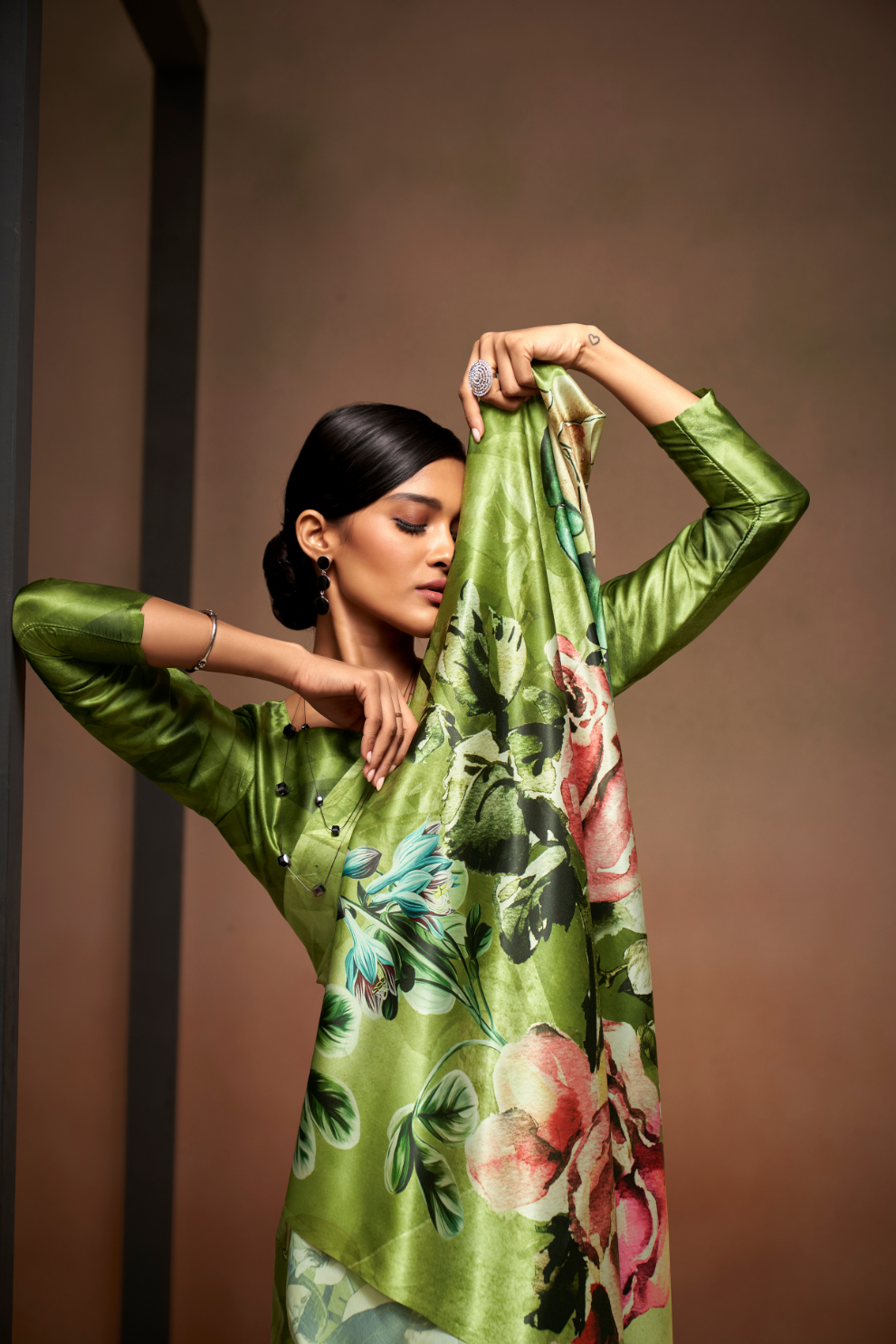 Glamorous Soft Satin Saree Adorned with Contemporary Digital Art