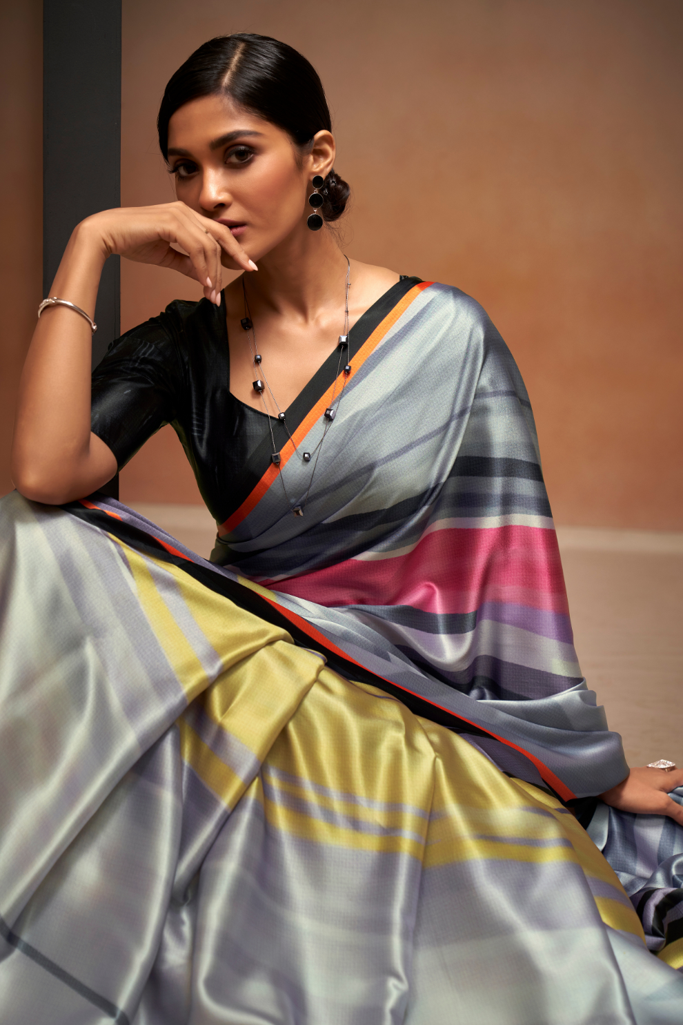 Glamorous Soft Satin Saree Adorned with Contemporary Digital Art