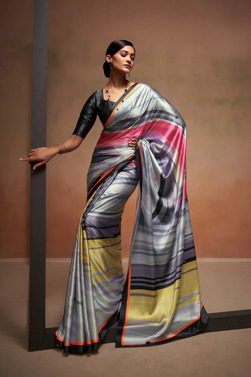 Glamorous Soft Satin Saree Adorned with Contemporary Digital Art