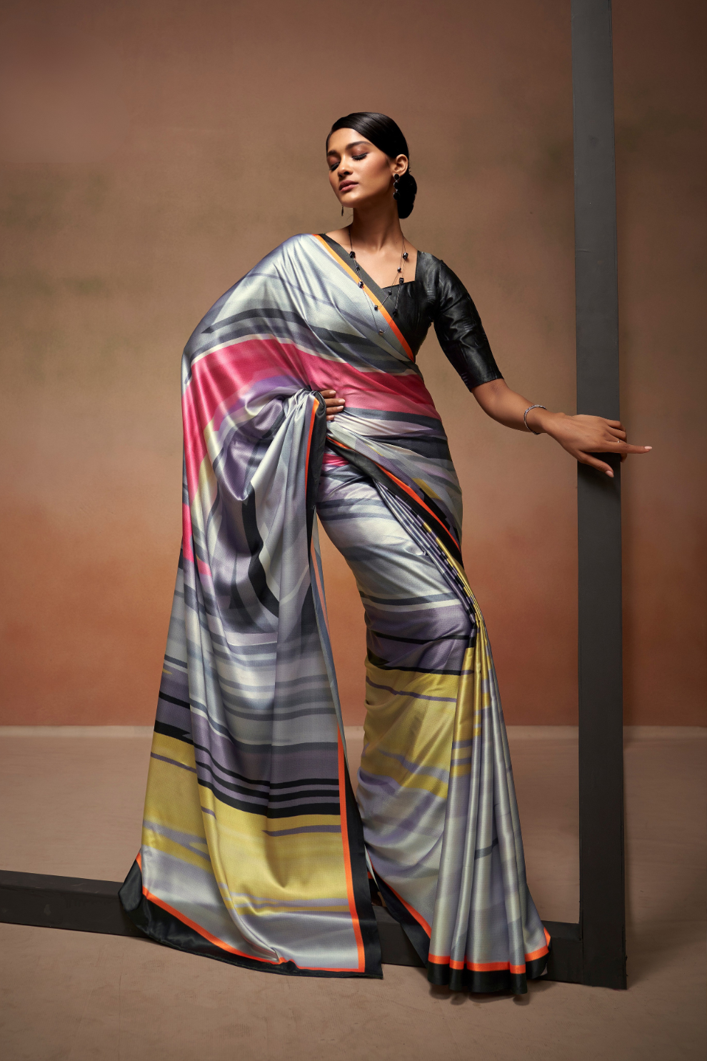 Glamorous Soft Satin Saree Adorned with Contemporary Digital Art
