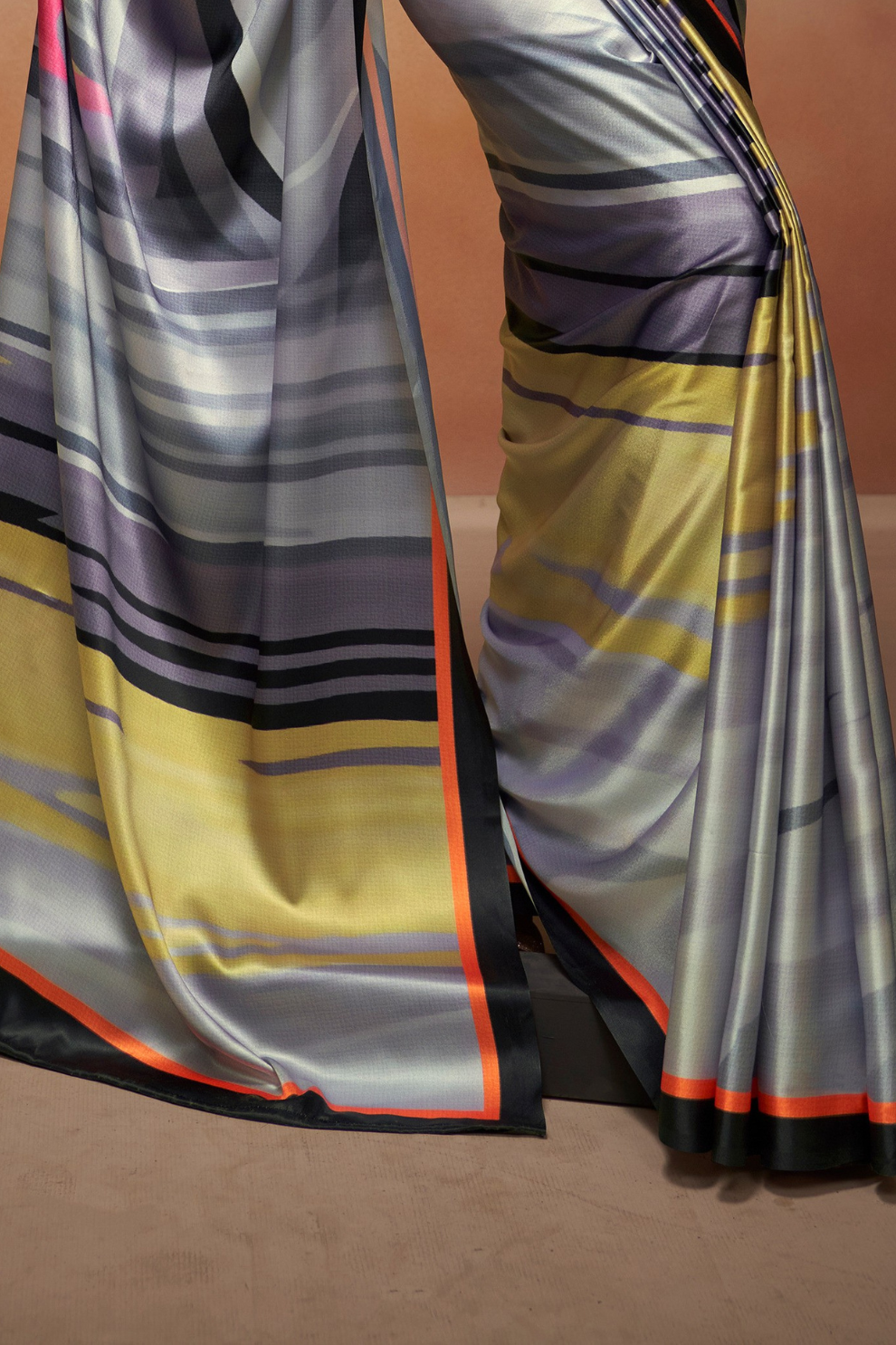 Glamorous Soft Satin Saree Adorned with Contemporary Digital Art