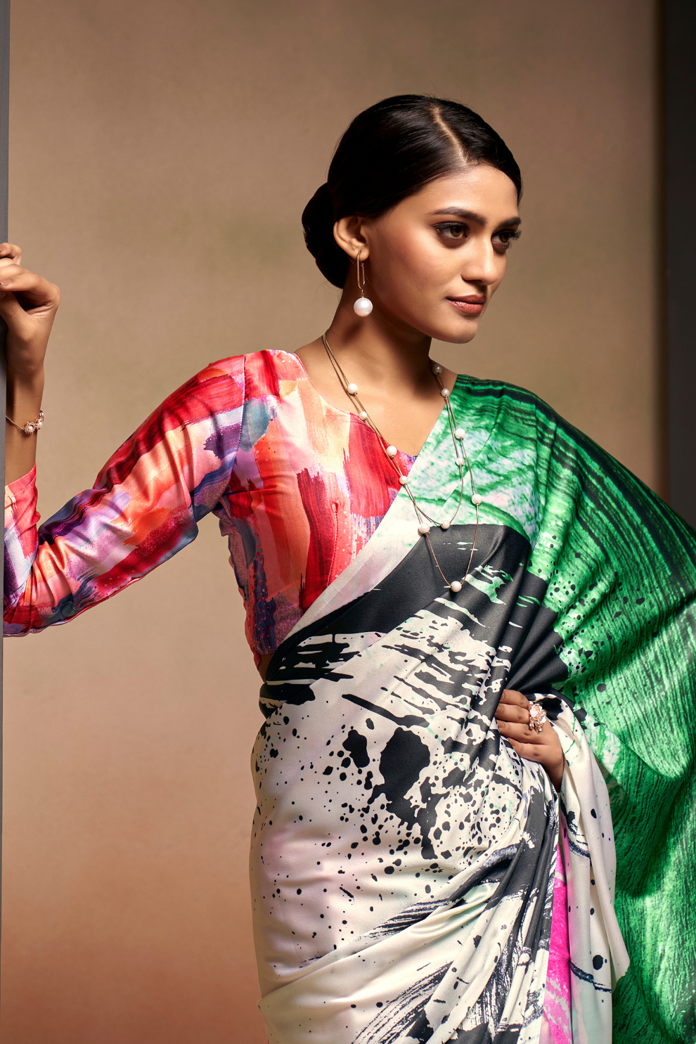 Glamorous Soft Satin Saree Adorned with Contemporary Digital Art