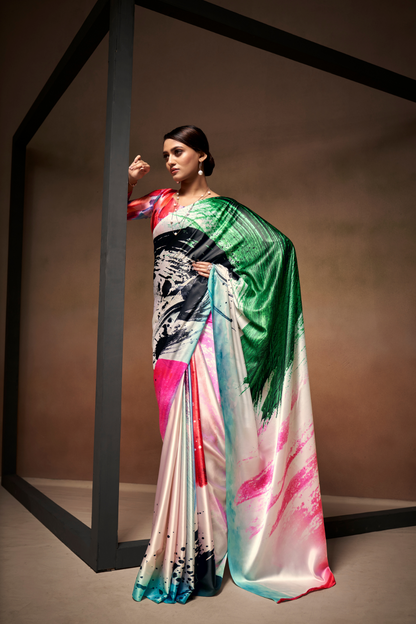 Glamorous Soft Satin Saree Adorned with Contemporary Digital Art