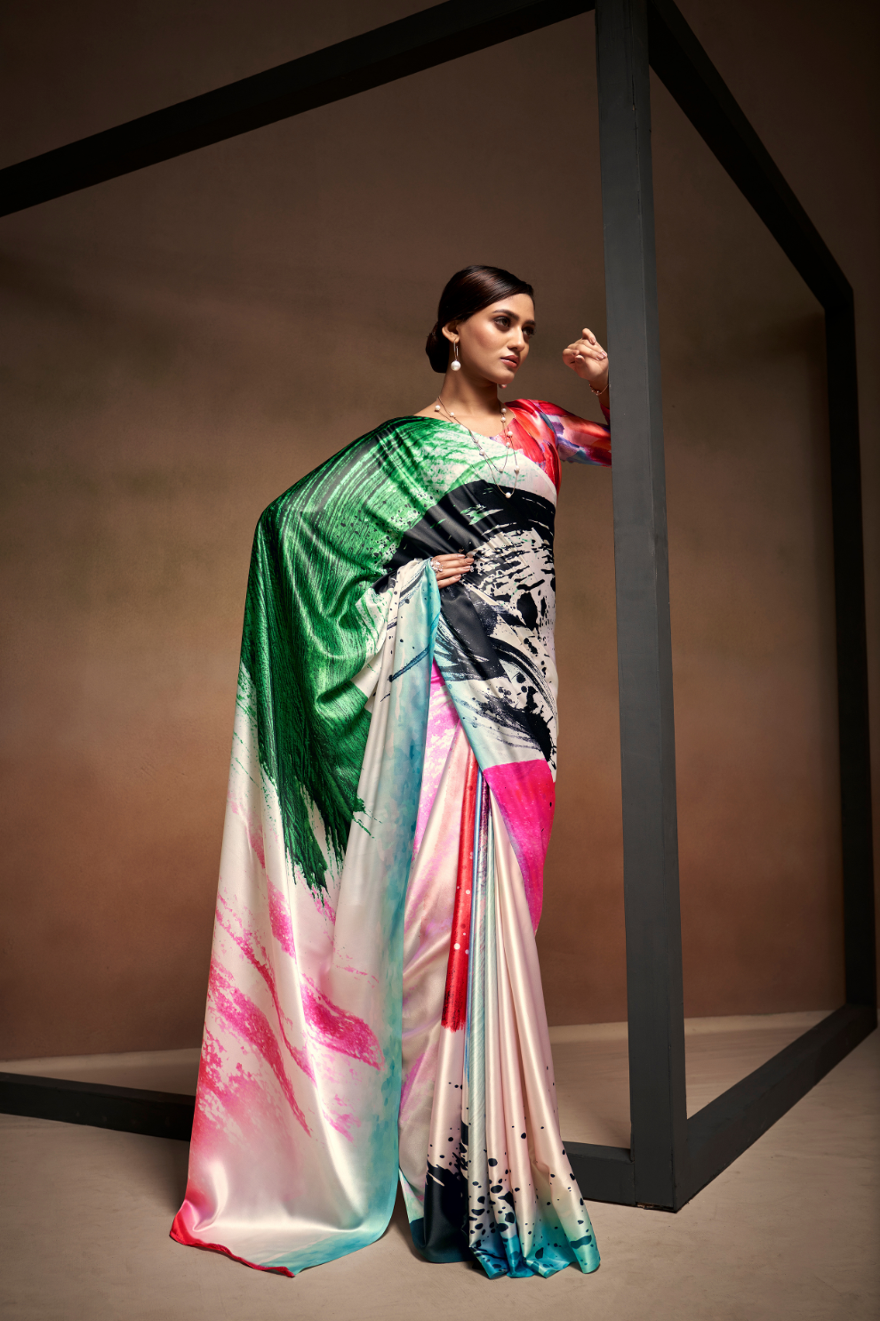 Glamorous Soft Satin Saree Adorned with Contemporary Digital Art