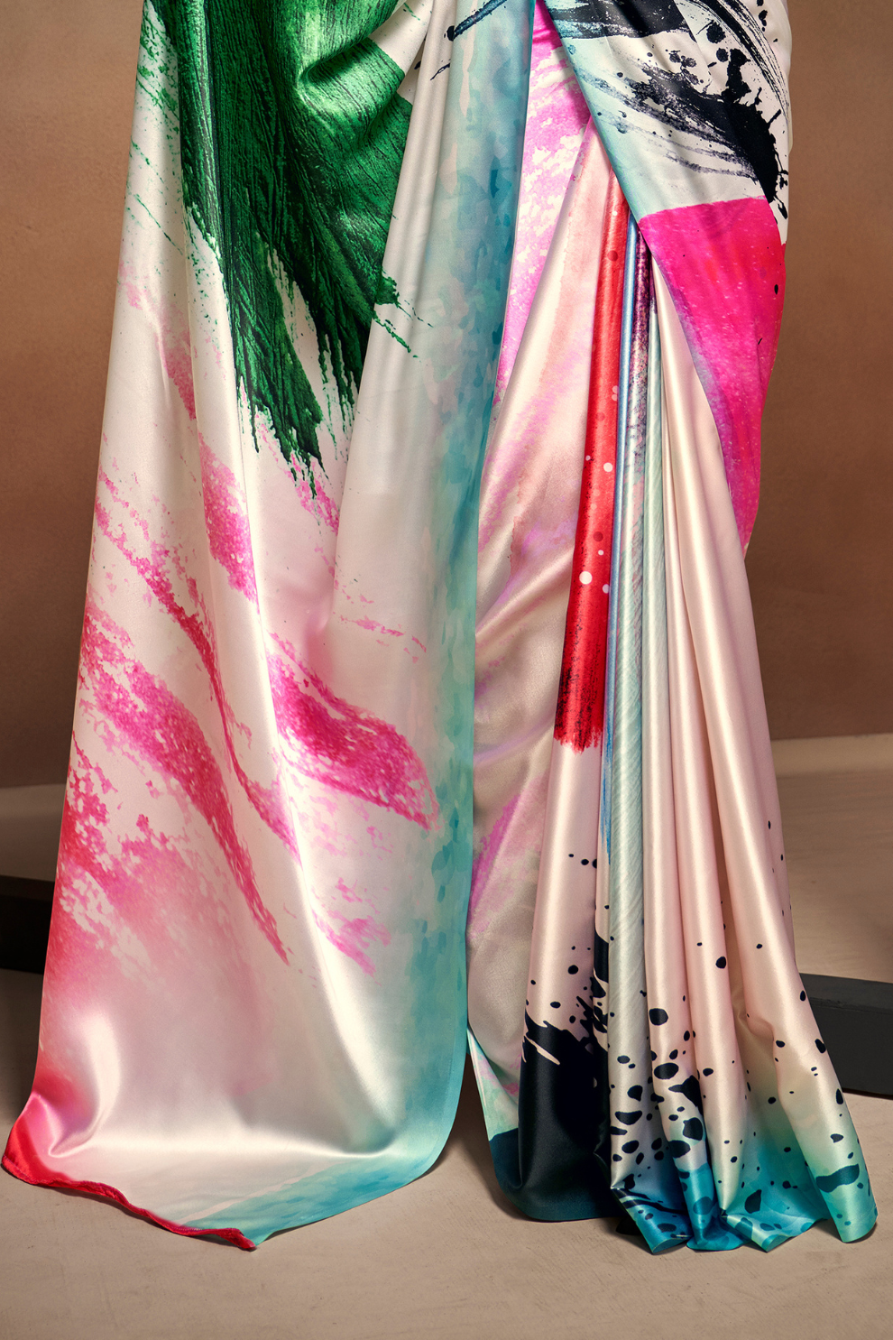 Glamorous Soft Satin Saree Adorned with Contemporary Digital Art