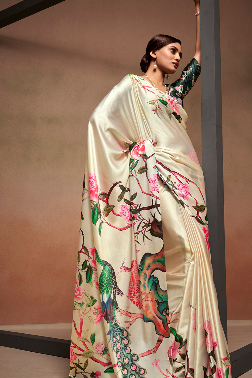 Glamorous Soft Satin Saree Adorned with Contemporary Digital Art