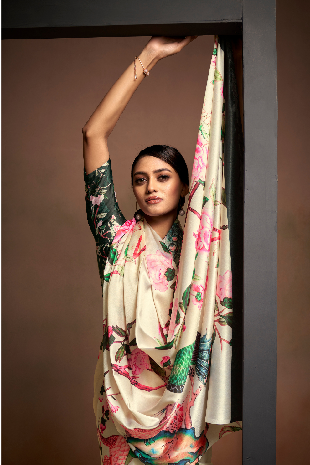 Glamorous Soft Satin Saree Adorned with Contemporary Digital Art