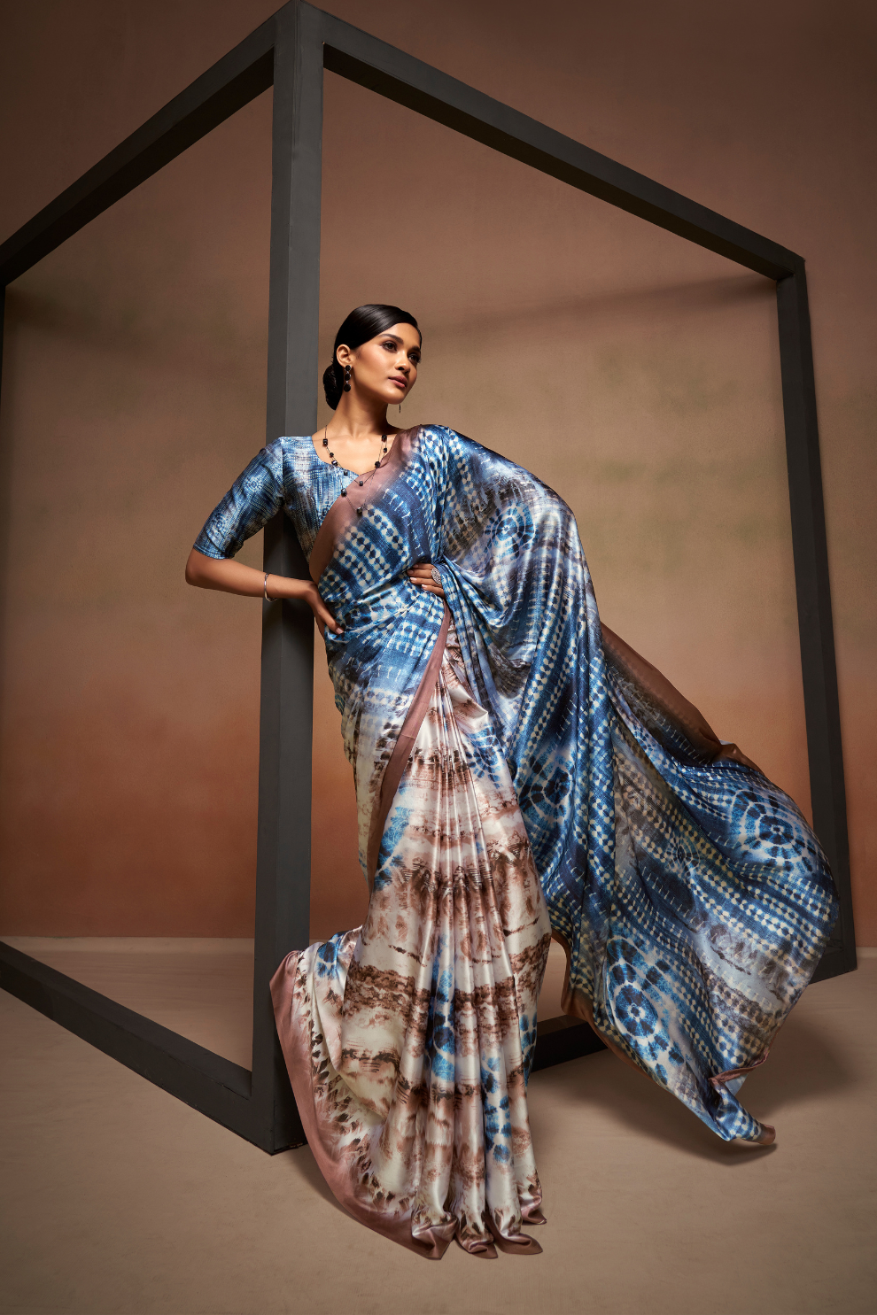 Glamorous Soft Satin Saree Adorned with Contemporary Digital Art