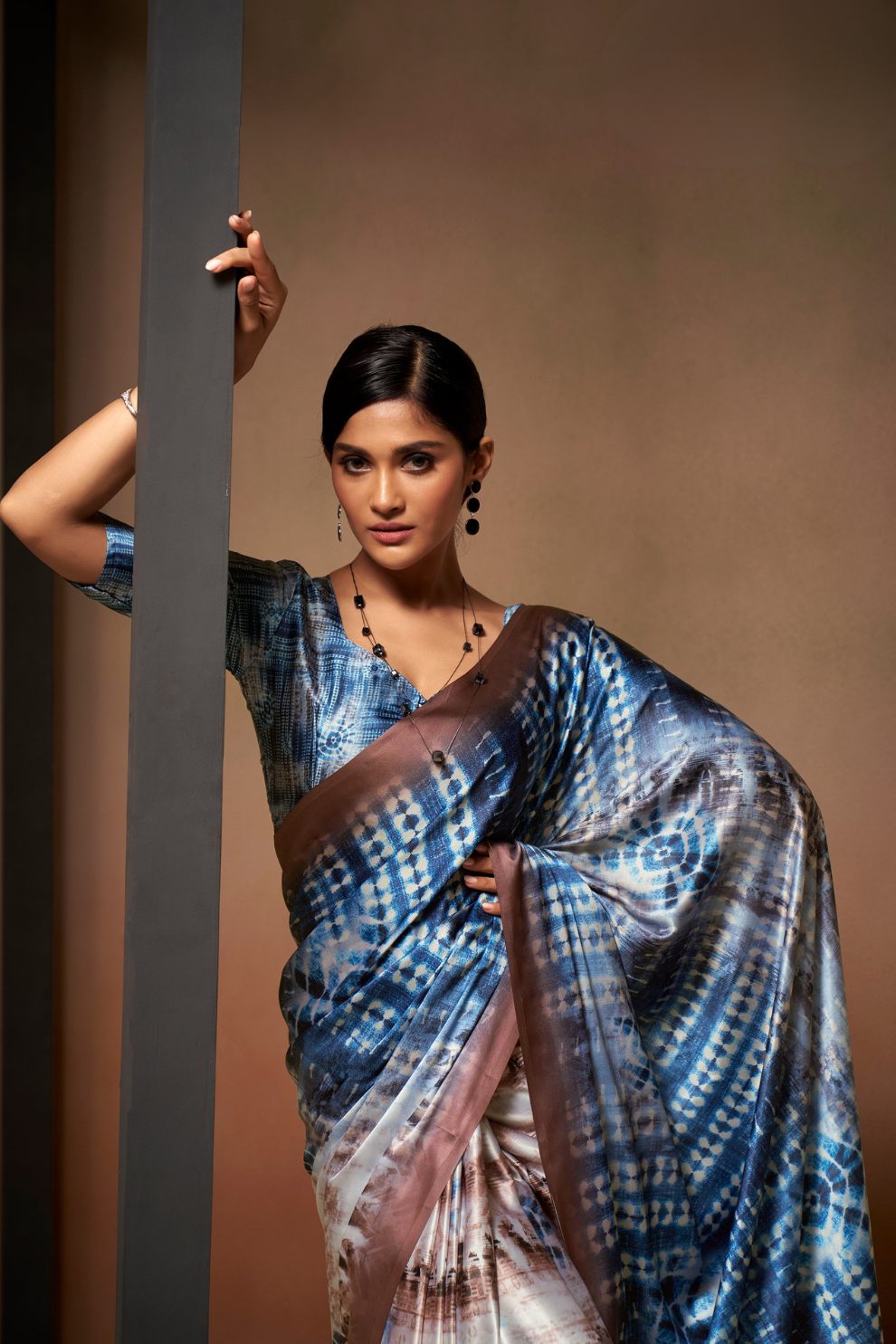 Glamorous Soft Satin Saree Adorned with Contemporary Digital Art