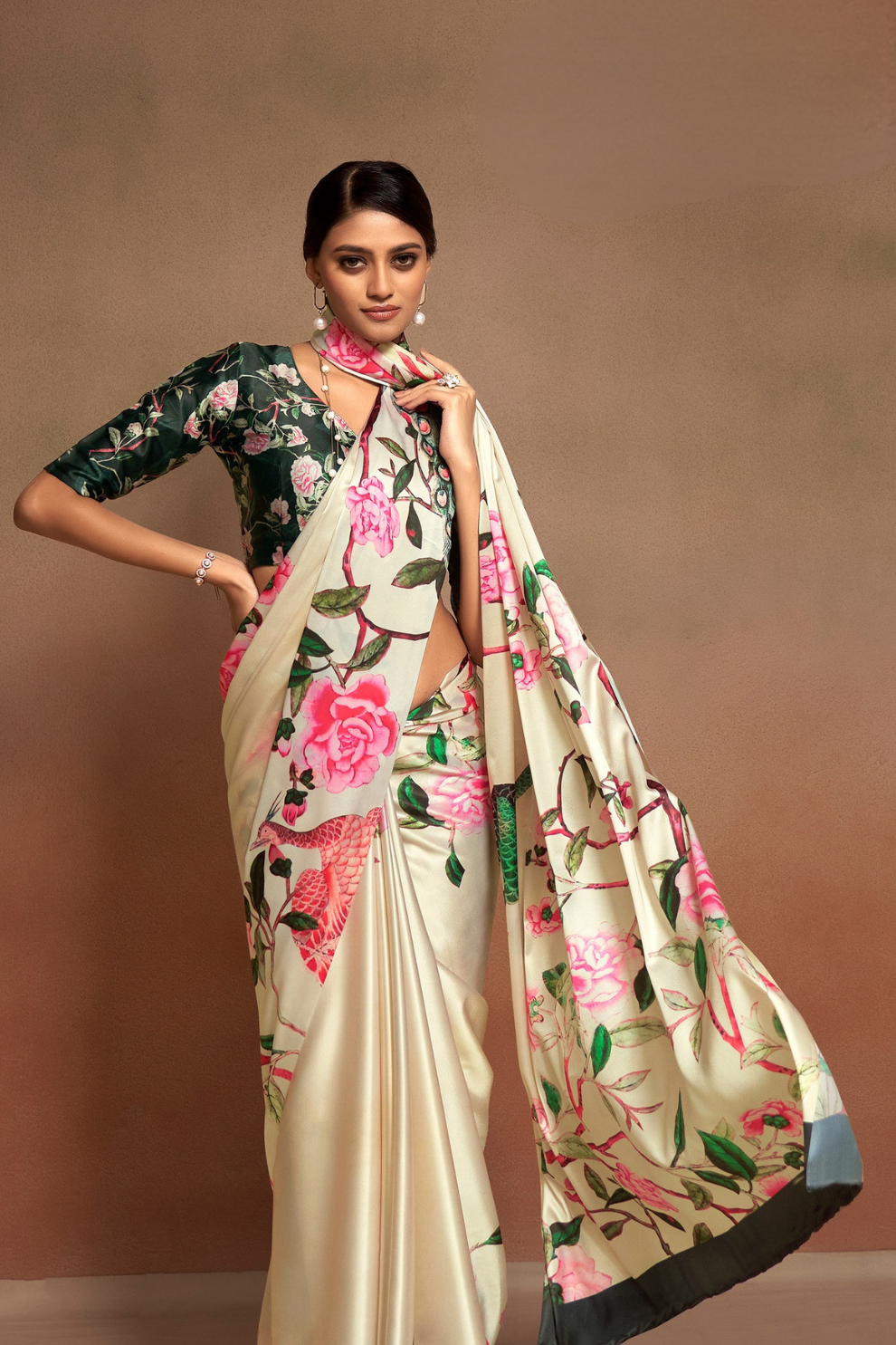 Glamorous Soft Satin Saree Adorned with Contemporary Digital Art