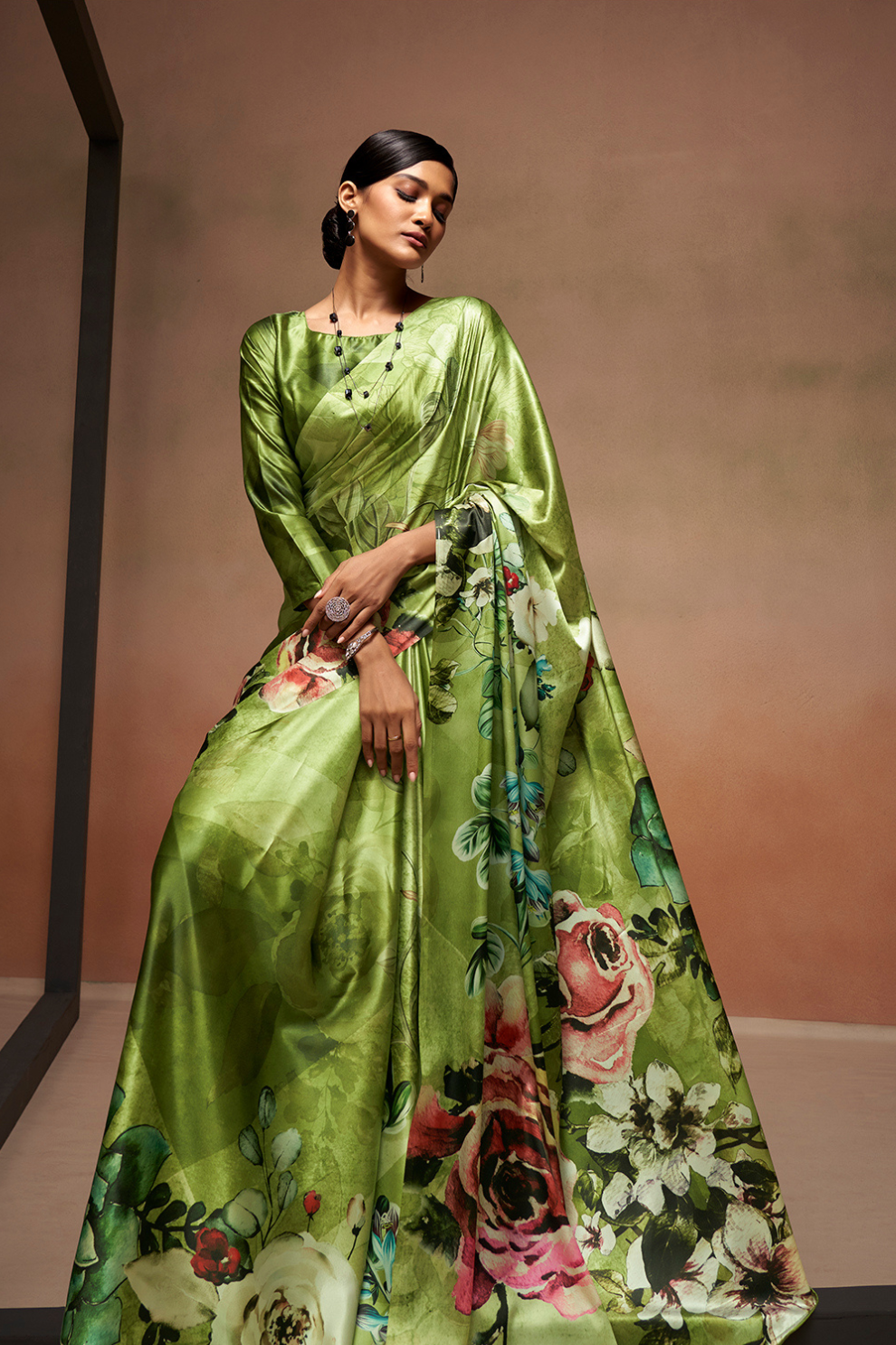 Glamorous Soft Satin Saree Adorned with Contemporary Digital Art