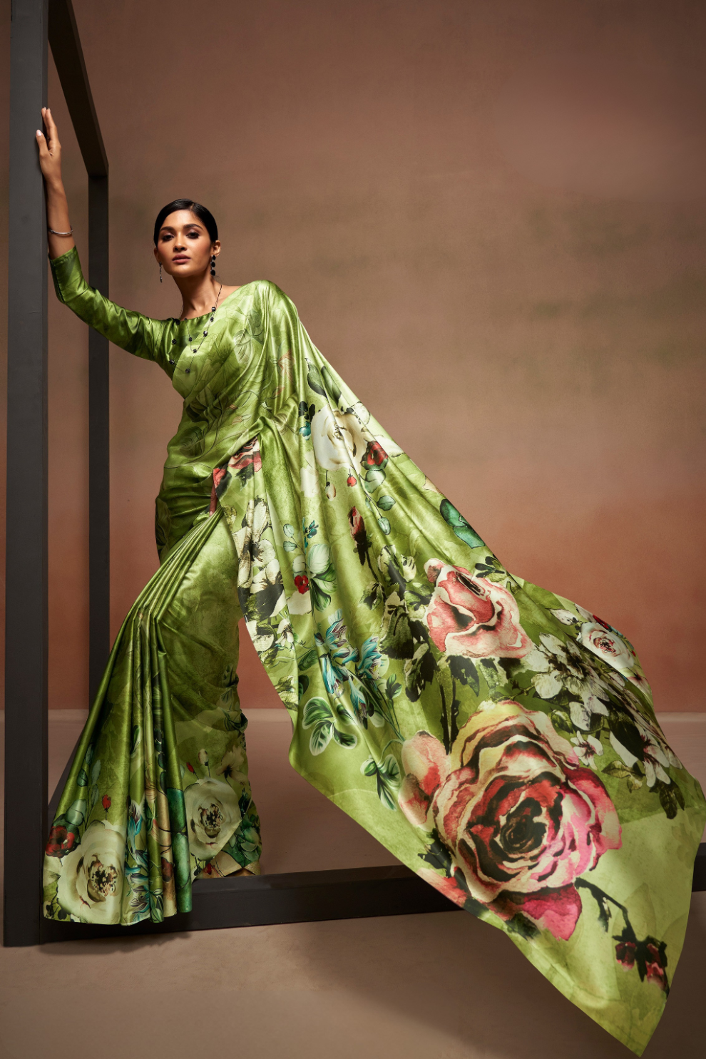 Glamorous Soft Satin Saree Adorned with Contemporary Digital Art