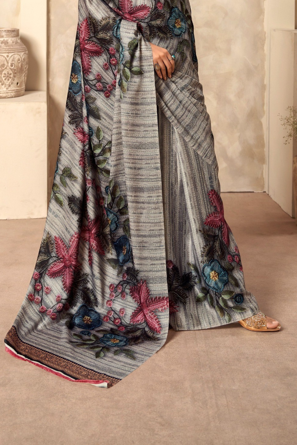 Glossy Soft Satin Fabric with Contemporary Digital Design