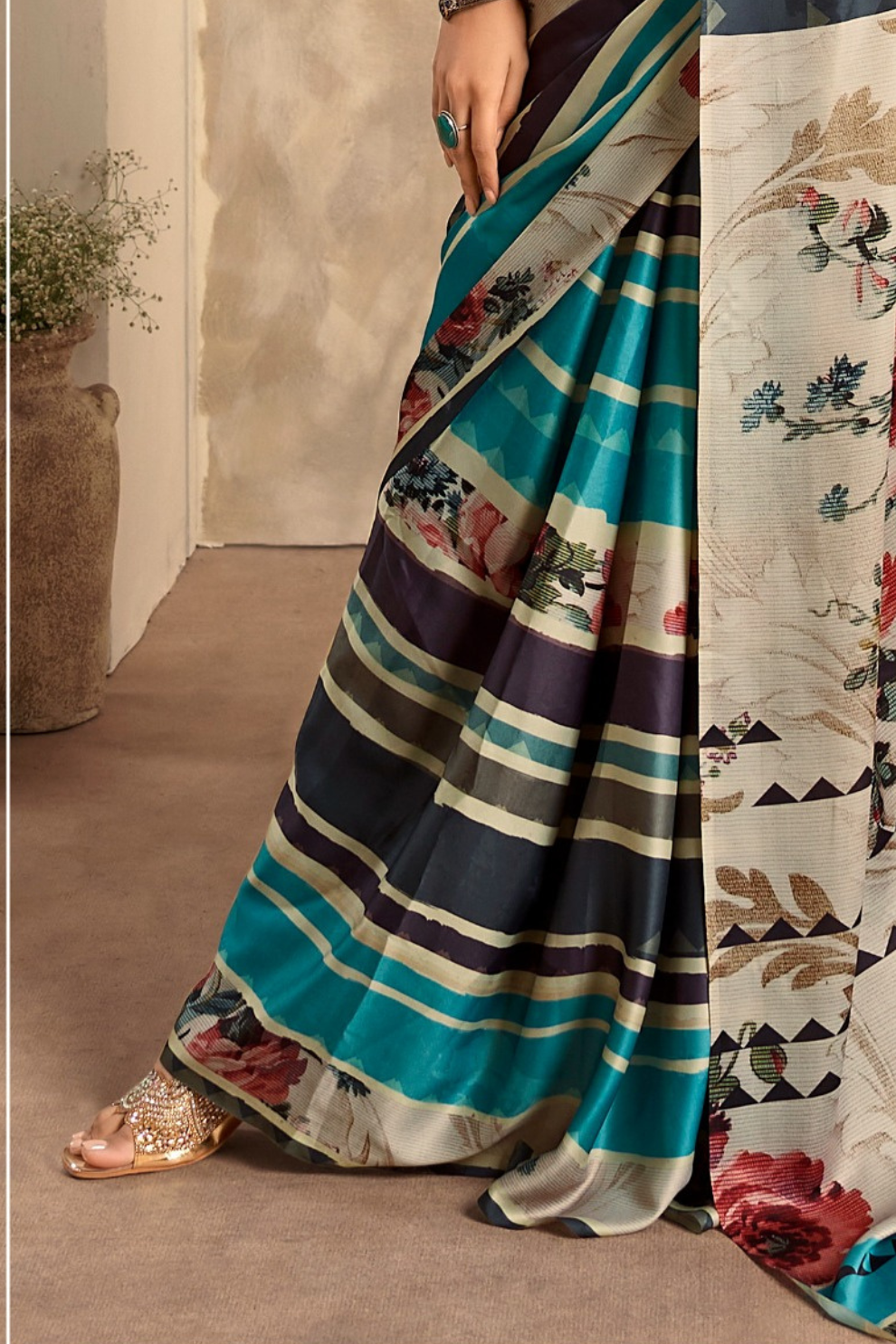 Glossy Soft Satin Fabric with Contemporary Digital Design