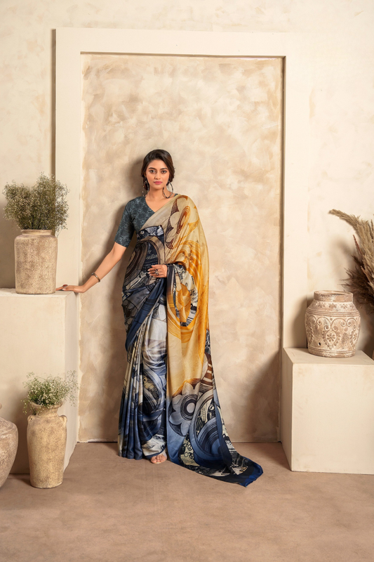 Glossy Soft Satin Fabric with Contemporary Digital Design