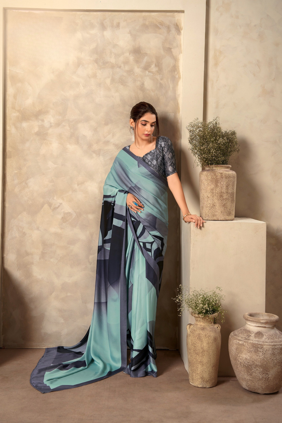 Glossy Soft Satin Fabric with Contemporary Digital Design
