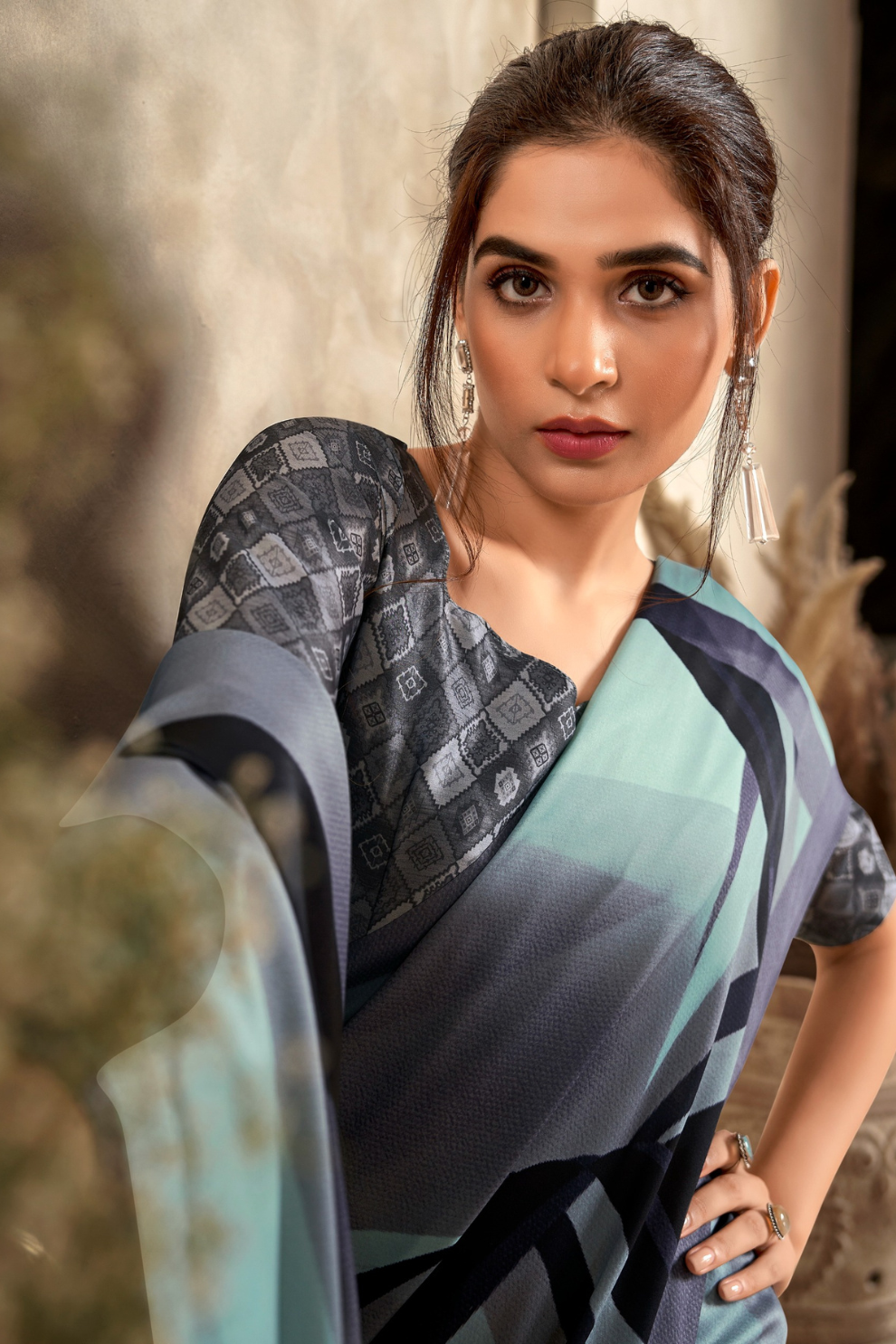 Glossy Soft Satin Fabric with Contemporary Digital Design