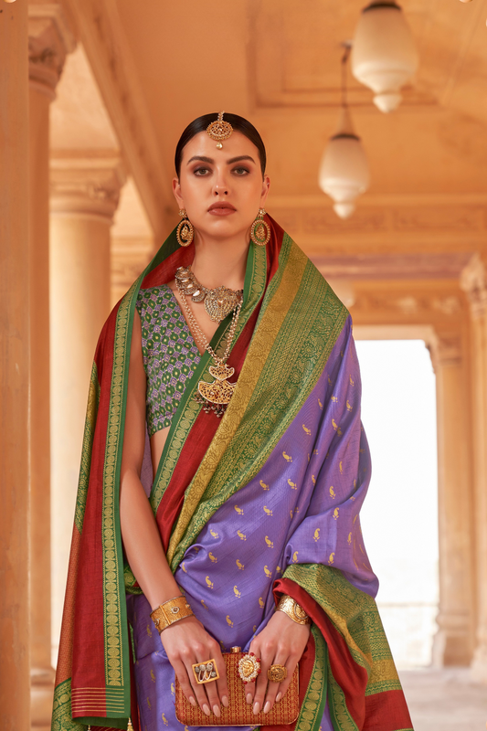 Kanjivaram Style Silk Saree with Designer Brooch and Clutch