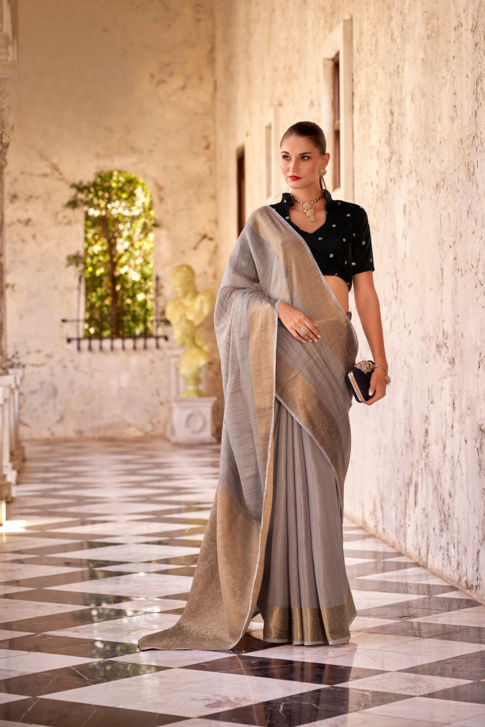 Elegant Tissue Linen Drape with Rich Velvet Contrast Blouse - LaVante Fashion