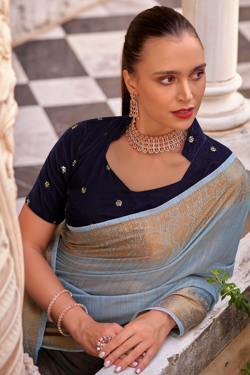 Elegant Tissue Linen Drape with Rich Velvet Contrast Blouse - LaVante Fashion